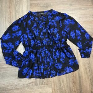 Torrid Chiffon Clip Dot Peplum Blouse Womens 0 Blue Floral Roses Coquete Boho